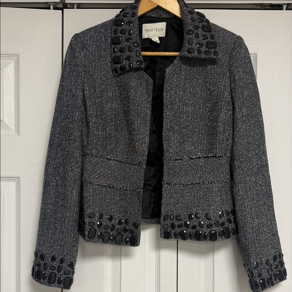 White House Black Market Charcoal Beaded Blazer Jacket Lined Sz 6